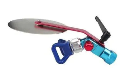 Aluminium alloy airless sprayer colour separation baffle with anti-splash guard and nozzle holder.