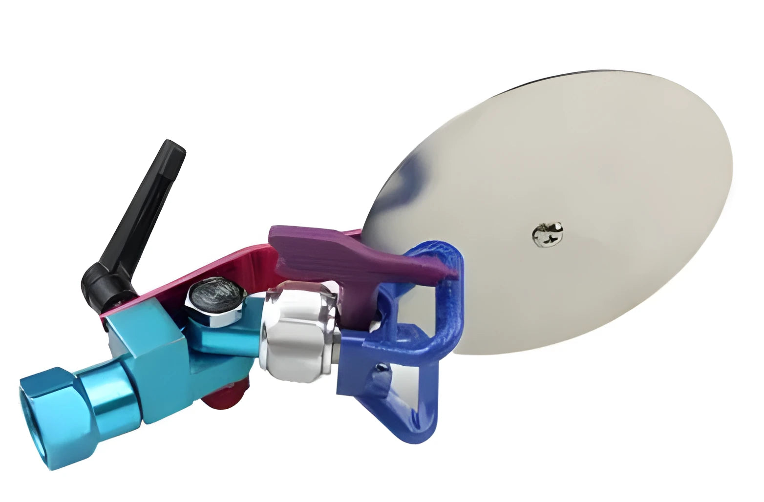 Aluminium alloy airless sprayer colour separation baffle with anti-splash guard and nozzle holder.