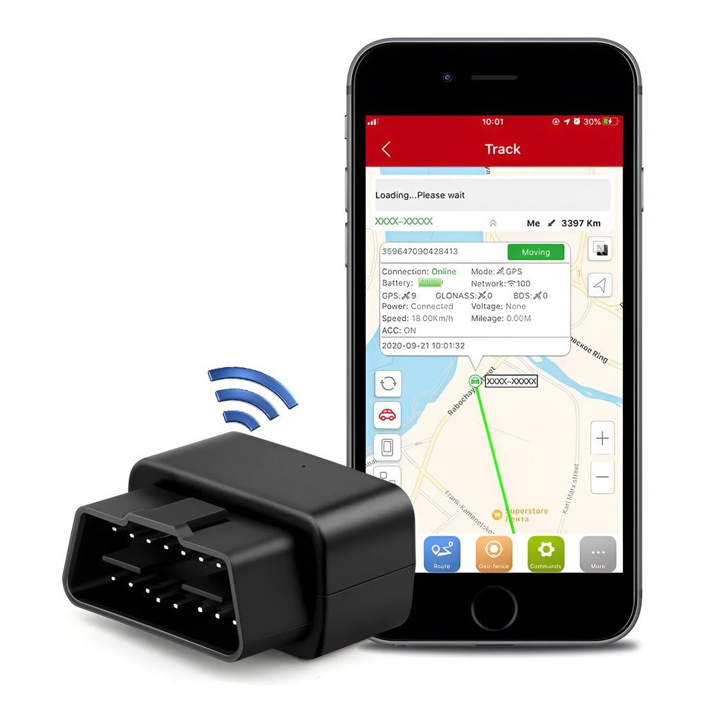 Black OBD GPS locator plug and play vehicle tracker with ABS casing and built-in antenna