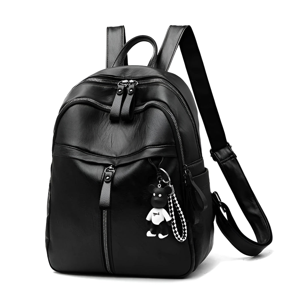 Black soft pu leather backpack with double straps, shown open to display internal organisation.