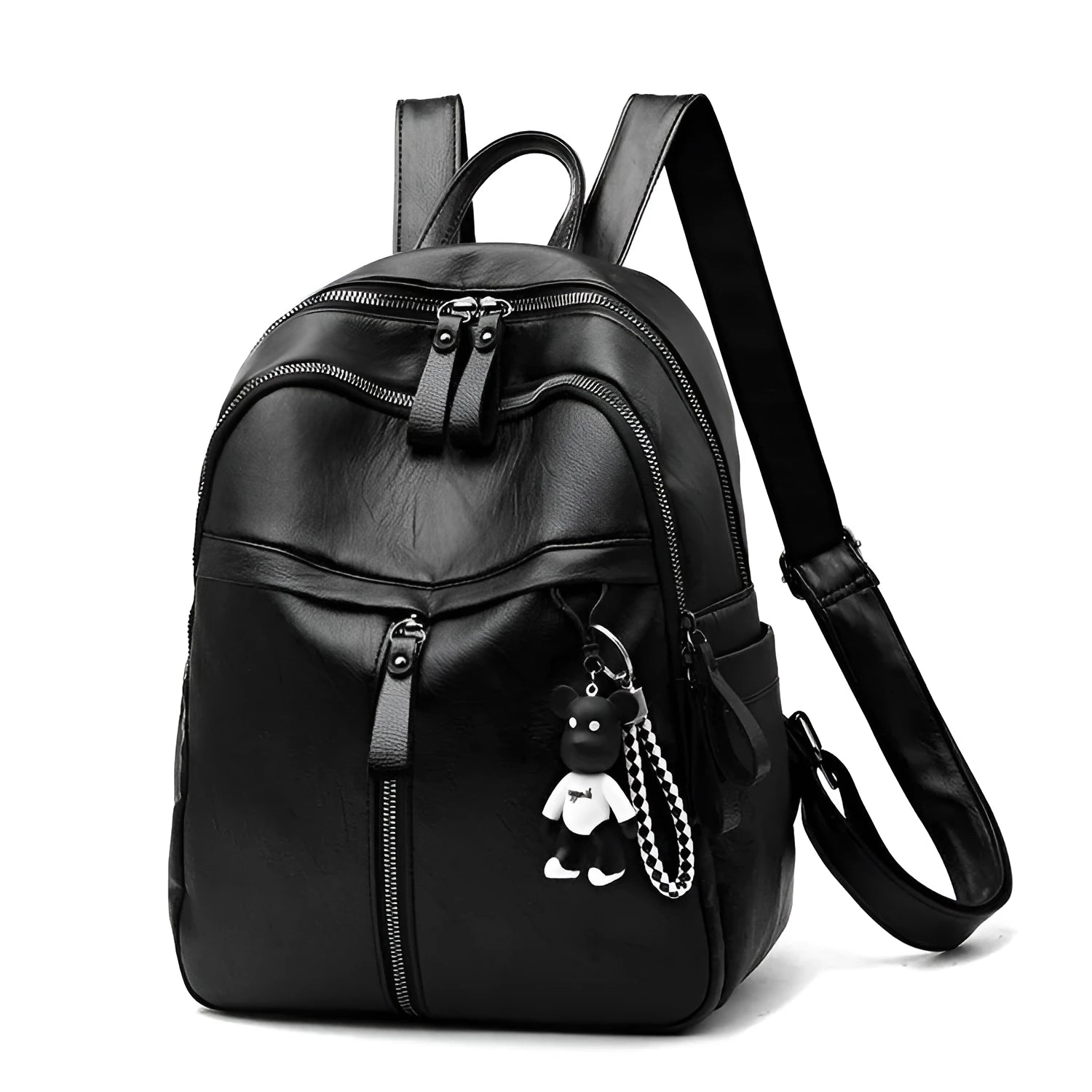 Black soft pu leather backpack with double straps, shown open to display internal organisation.