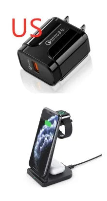Foldable three-in-one wireless charger for mobile phone, headphones, and smartwatch in black or white