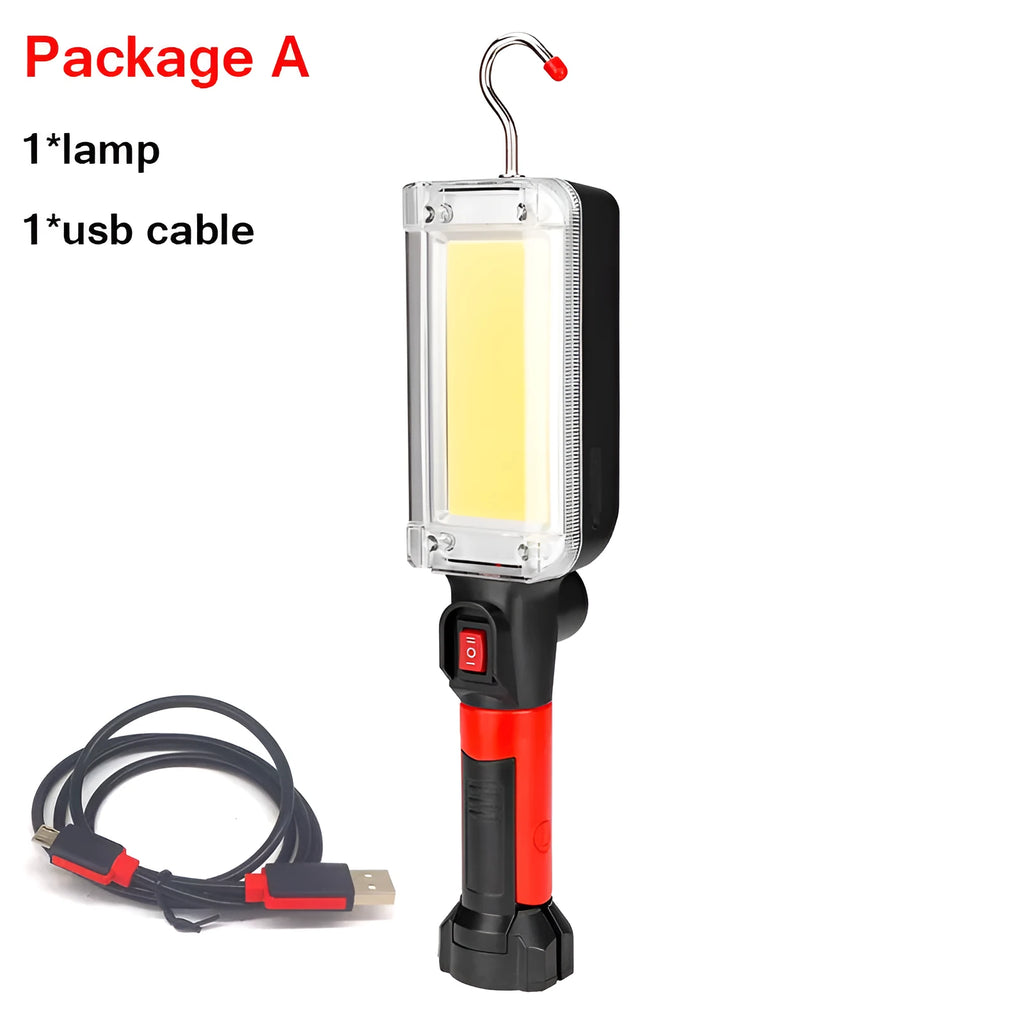 Black portable COB LED flashlight with a magnetic strip on the base and a USB charging port.