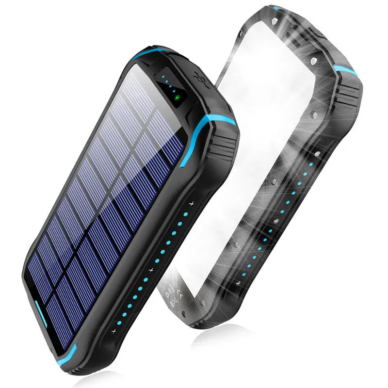 Orange Xionel solar power bank showing USB ports, solar panel, and camping light.