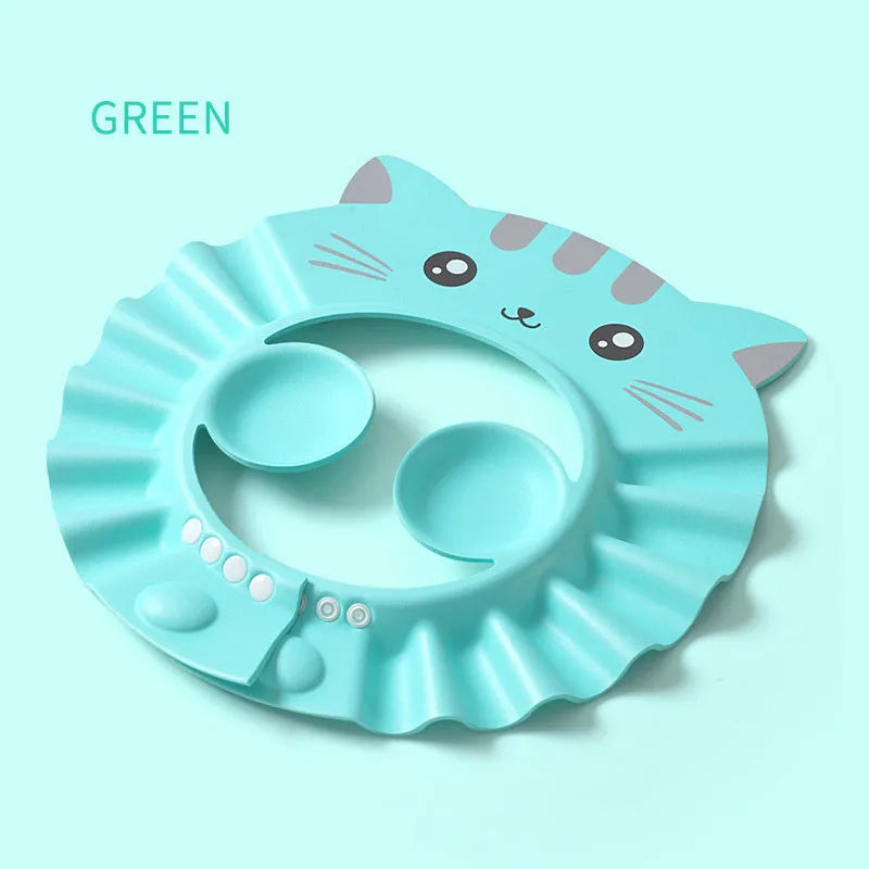 Adjustable baby shampoo cap with cartoon design and extended ear protectors in blue, green, pink, and yellow colours.