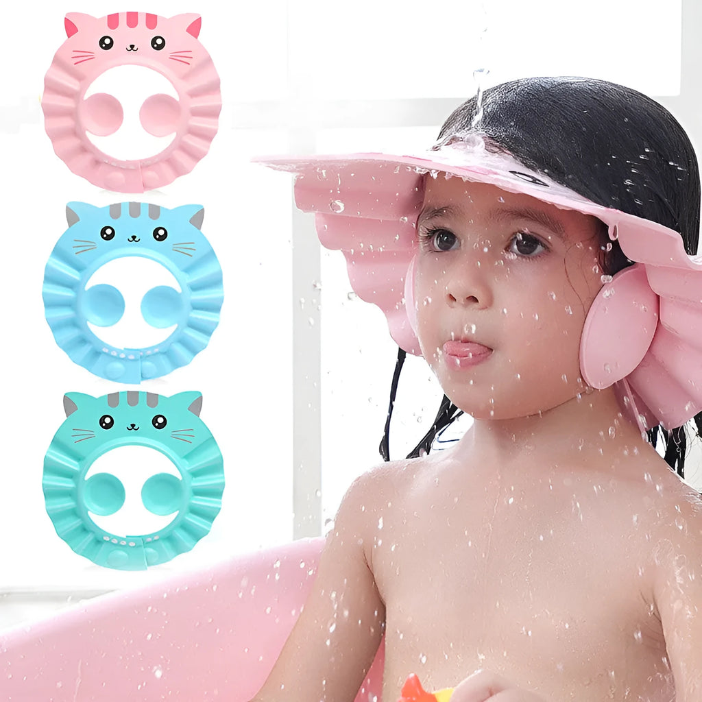 Adjustable baby shampoo cap with cartoon design and extended ear protectors in blue, green, pink, and yellow colours.
