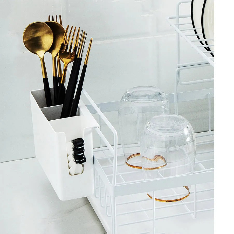 Double tier iron dish rack with removable upper layer and bottom drain tray in white, holding bowls and plates