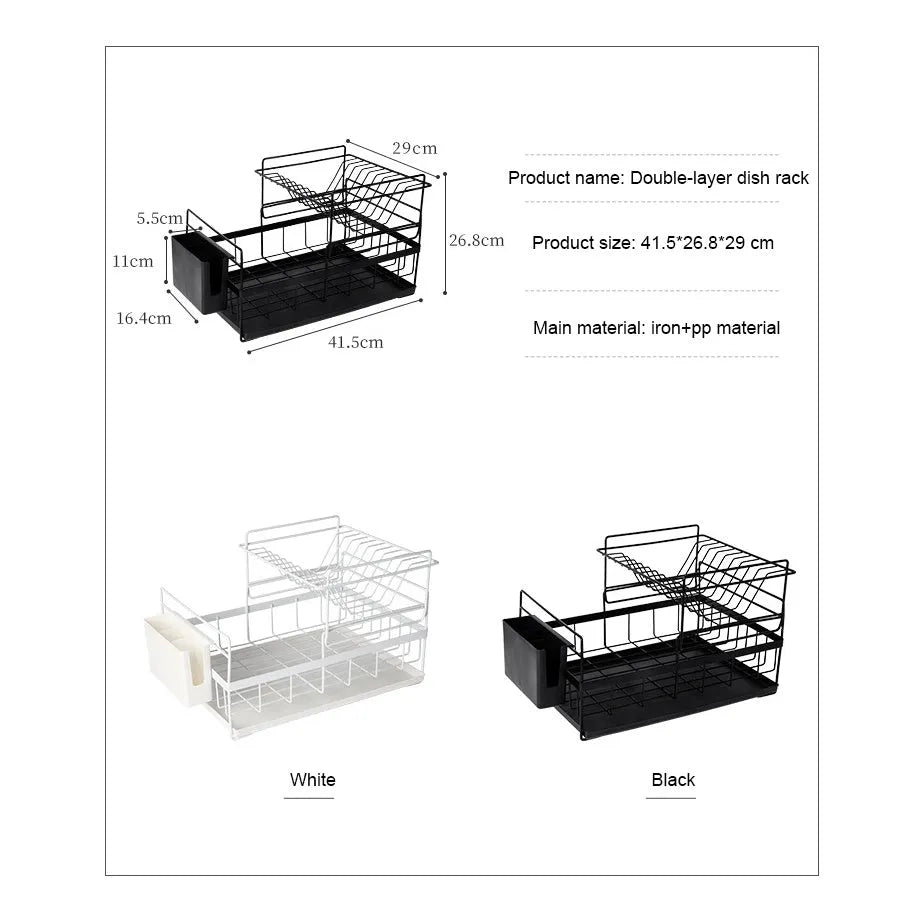 Double tier iron dish rack with removable upper layer and bottom drain tray in white, holding bowls and plates