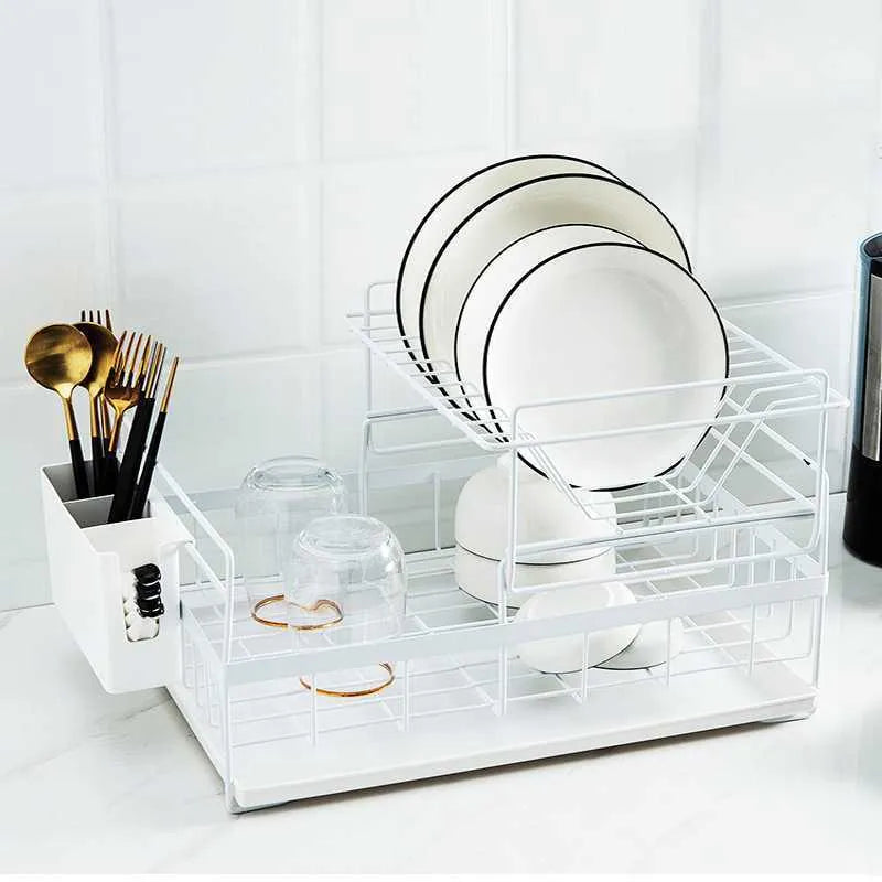 Double tier iron dish rack with removable upper layer and bottom drain tray in white, holding bowls and plates