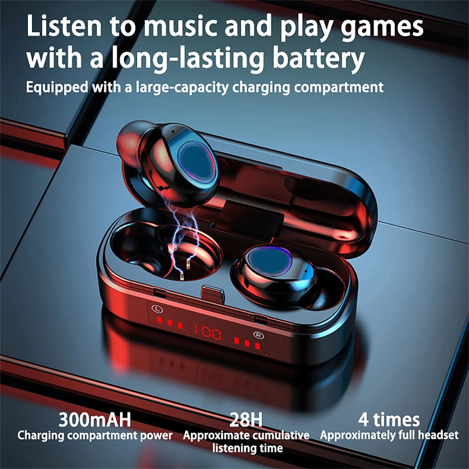 V7 LED button version wireless Bluetooth earbuds with charging case and three pairs of ear caps