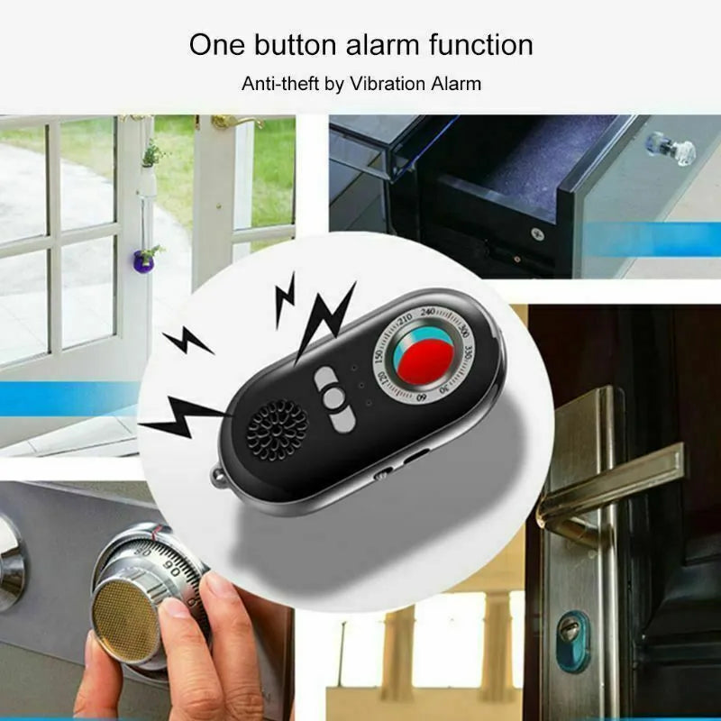 Slim black portable wireless signal detector with anti-theft alarm on a white background.