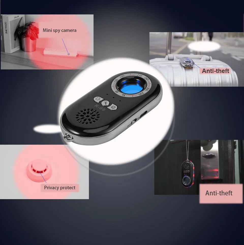 Slim black portable wireless signal detector with anti-theft alarm on a white background.