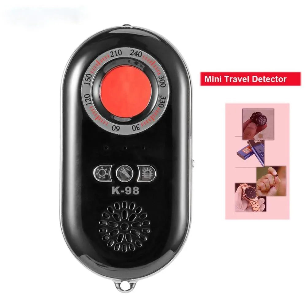 Slim black portable wireless signal detector with anti-theft alarm on a white background.