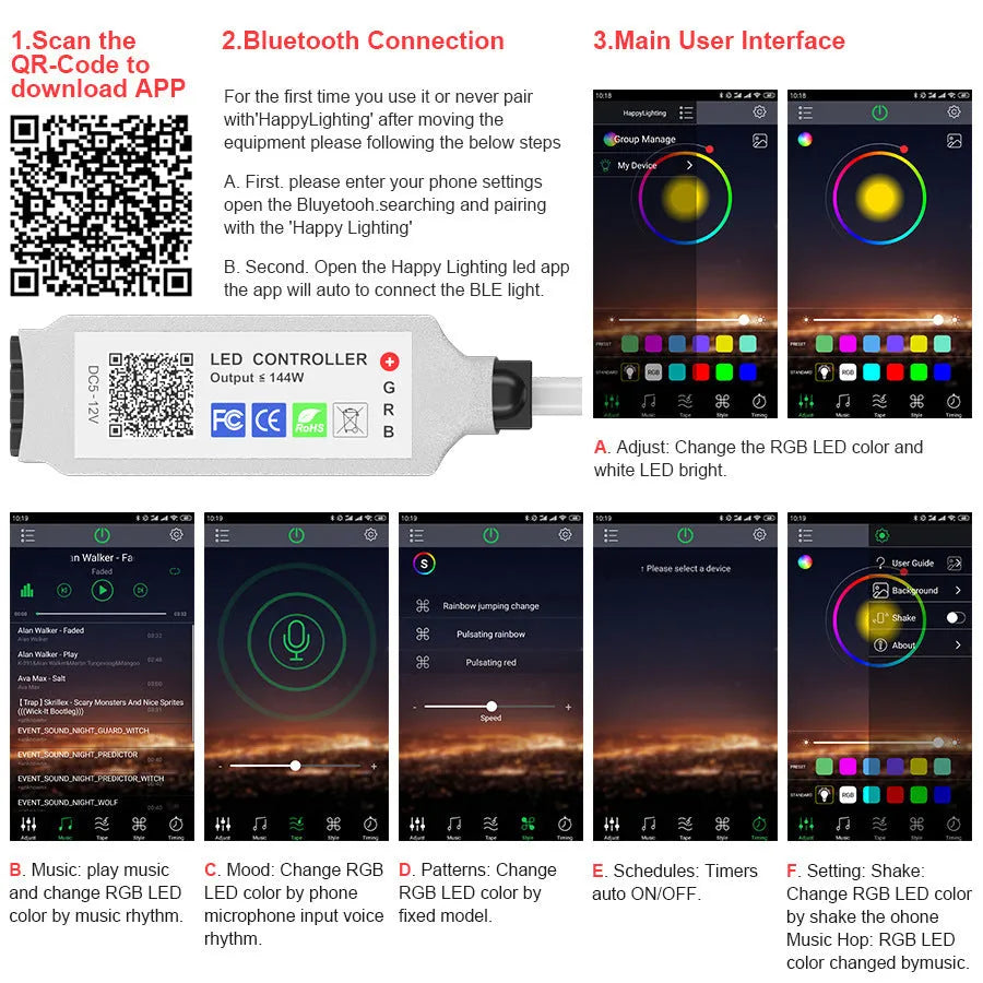 24-key mini Bluetooth DC header RGB controller for 5050 LED strip lights with 5-24V input and non-waterproof design