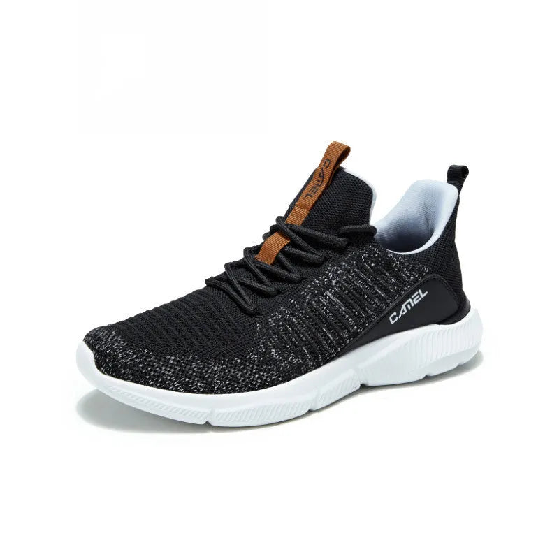 Camel mesh breathable sneakers in a colour variant, side view showing lace-up closure and round toe