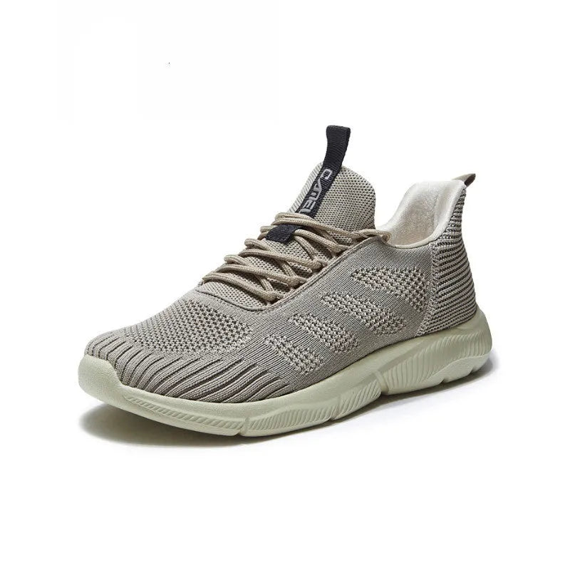 Camel mesh breathable sneakers in a colour variant, side view showing lace-up closure and round toe