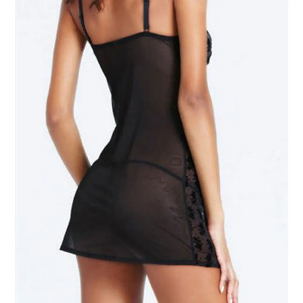 Rose pattern mesh sling skirt lingerie set in black for women witch game costume