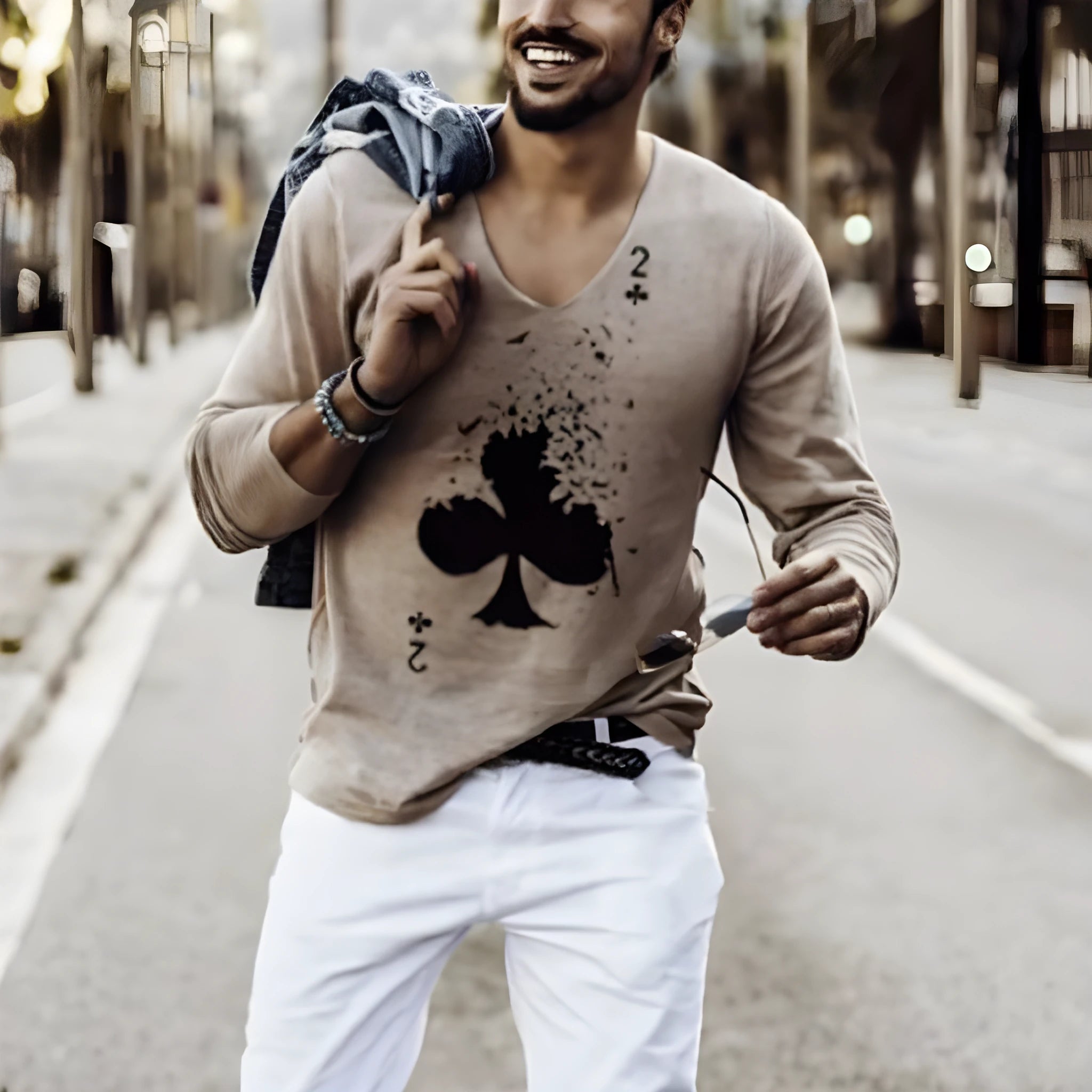Elastic men's long sleeve V-neck t-shirt in loose fit, available in multiple colours and sizes from S to XXXL
