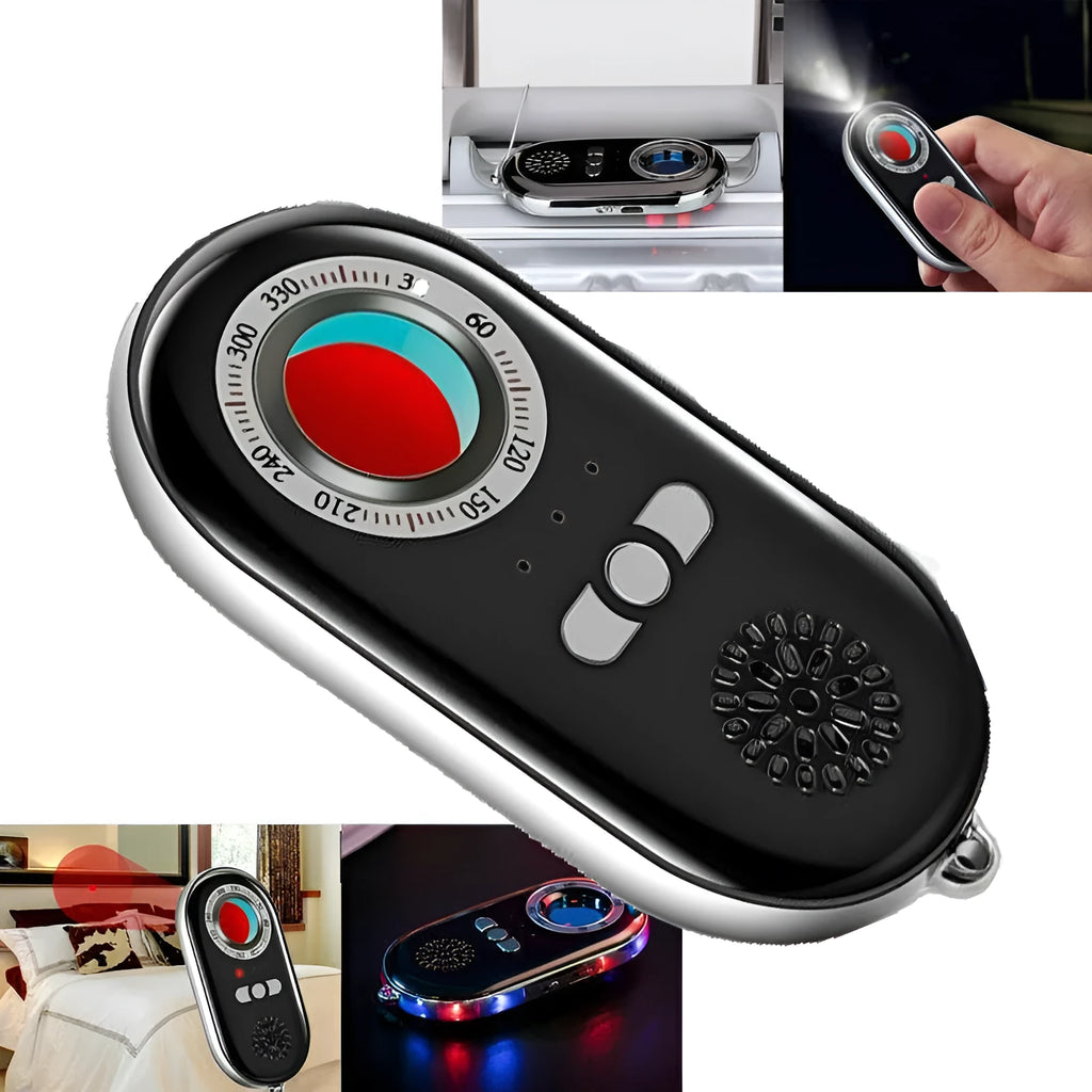 Slim black portable wireless signal detector with anti-theft alarm on a white background.