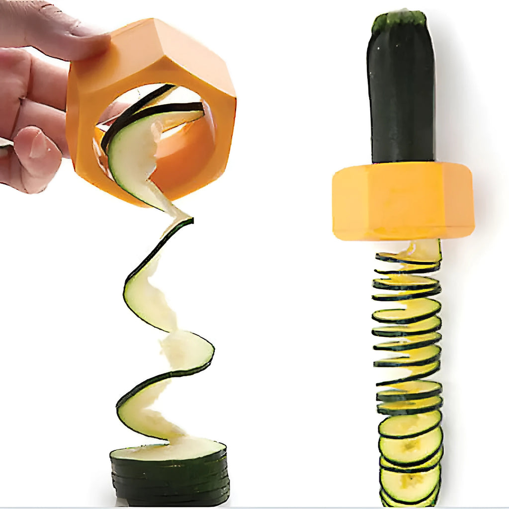 Yellow and green manual spiral vegetable cutter kitchen tool on a kitchen counter
