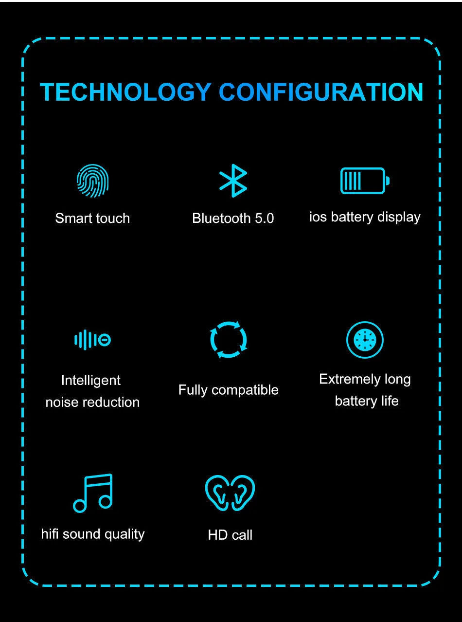 Bluetooth 5.0 binaural stereo wireless headset with touch controls and microphone in black