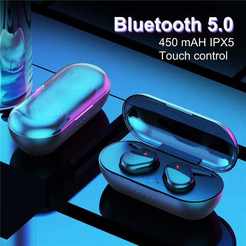 Bluetooth 5.0 binaural stereo wireless headset with touch controls and microphone in black