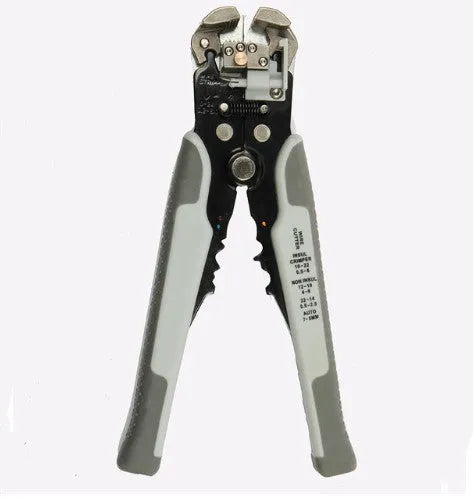 Yellow automatic cable wire stripper and crimping plier tool on a workbench.