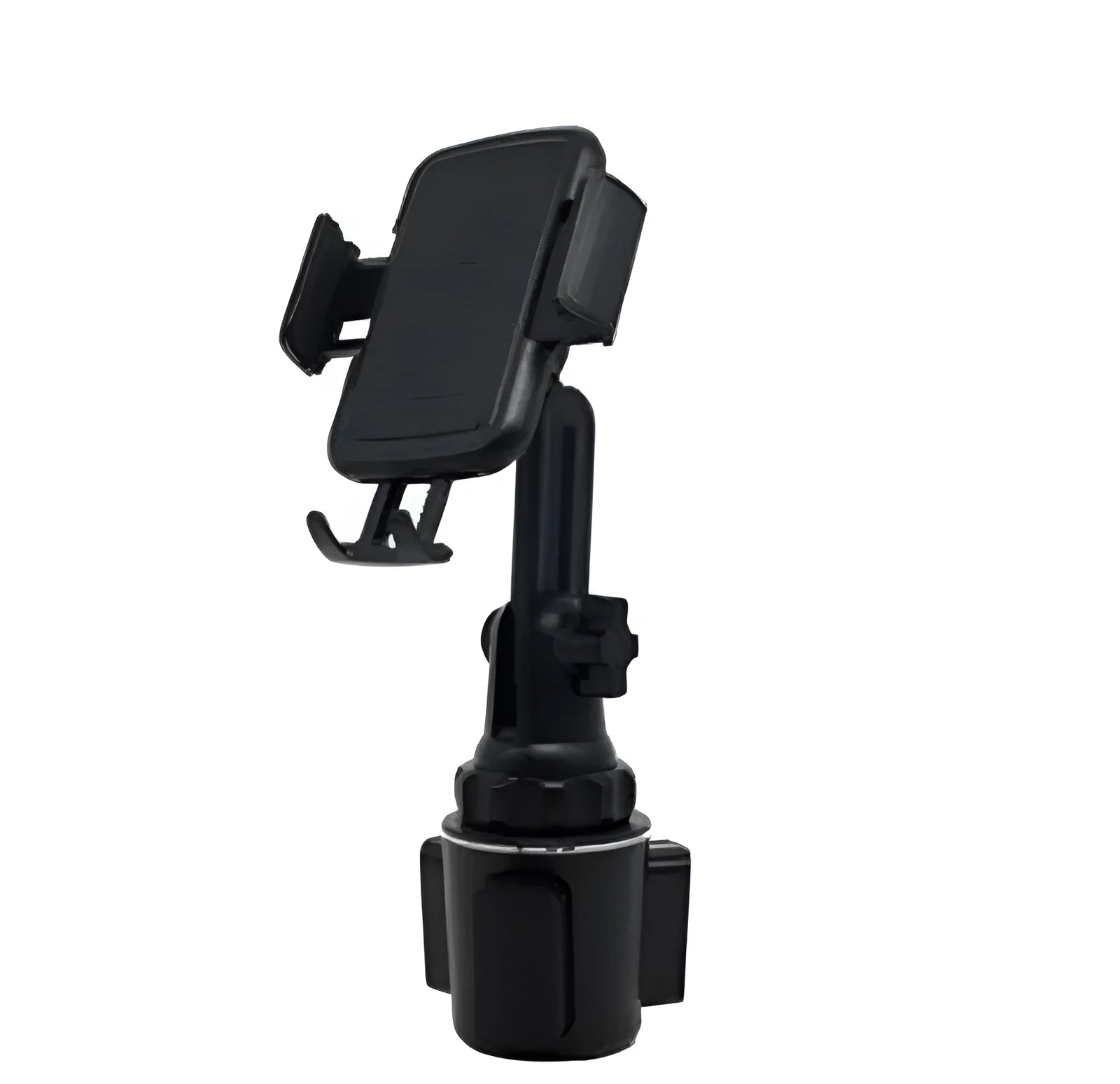 Black car phone holder with adjustable bracket on a 360-degree rotating head.