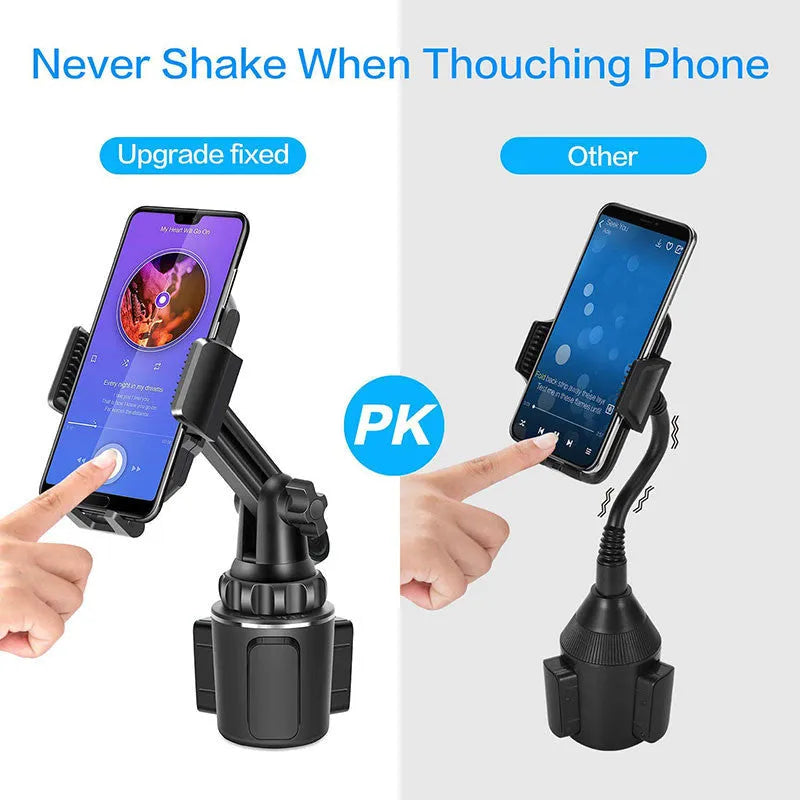 Black car phone holder with adjustable bracket on a 360-degree rotating head.