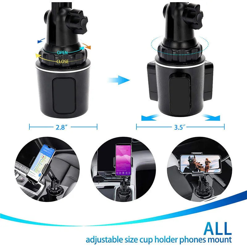 Black car phone holder with adjustable bracket on a 360-degree rotating head.