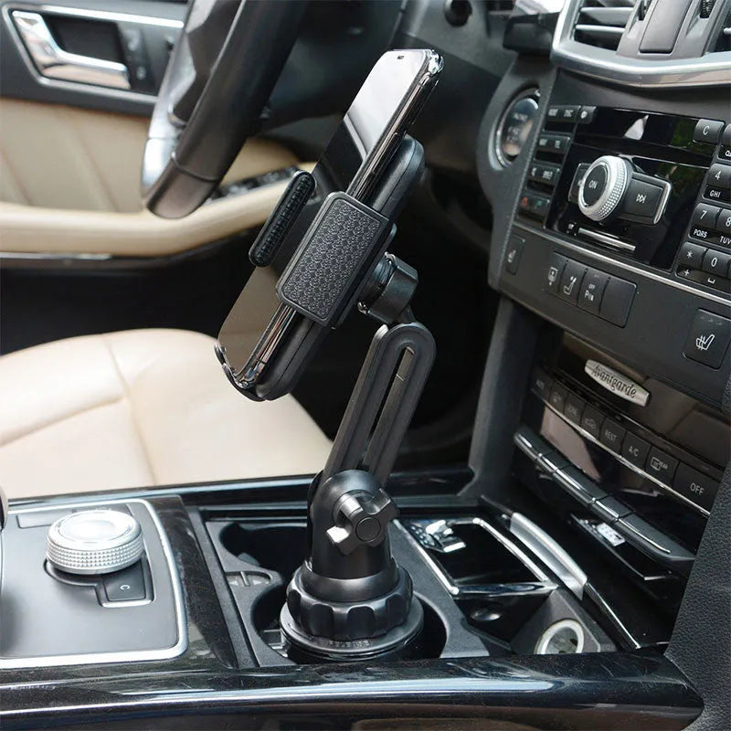 Black car phone holder with adjustable bracket on a 360-degree rotating head.