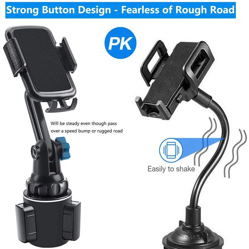 Black car phone holder with adjustable bracket on a 360-degree rotating head.