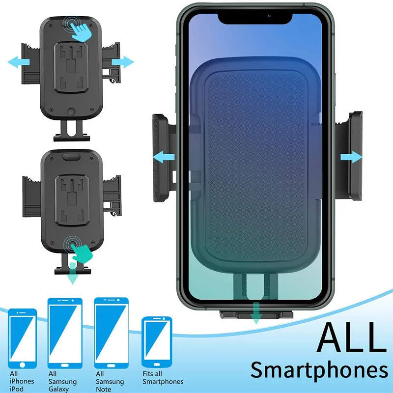 Black car phone holder with adjustable bracket on a 360-degree rotating head.