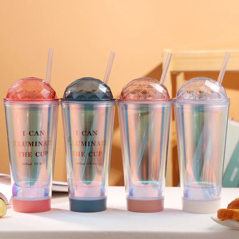 Luminous creative plastic cup with light gradient colour change in blue with double straw and lid