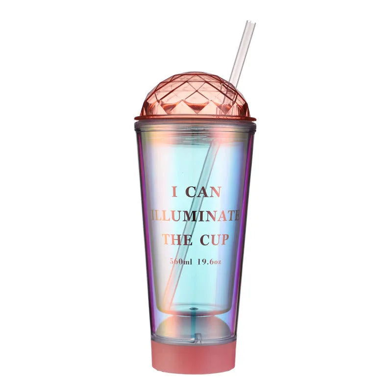 Luminous creative plastic cup with light gradient colour change in blue with double straw and lid