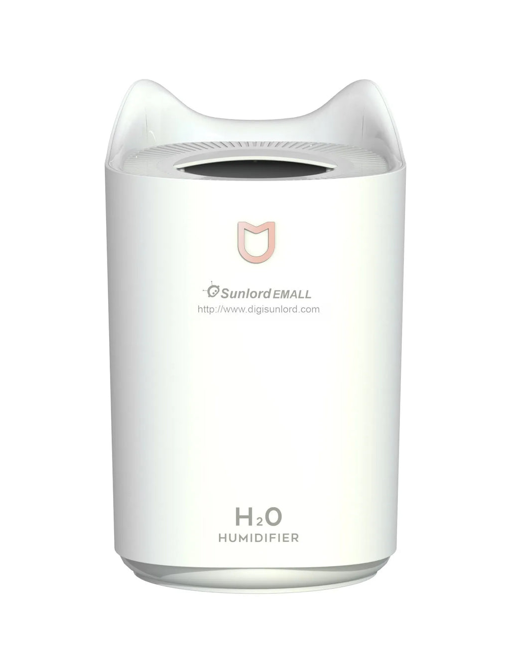 Coral Pink double spray humidifier with three mist outlets and USB cable on a wooden table.