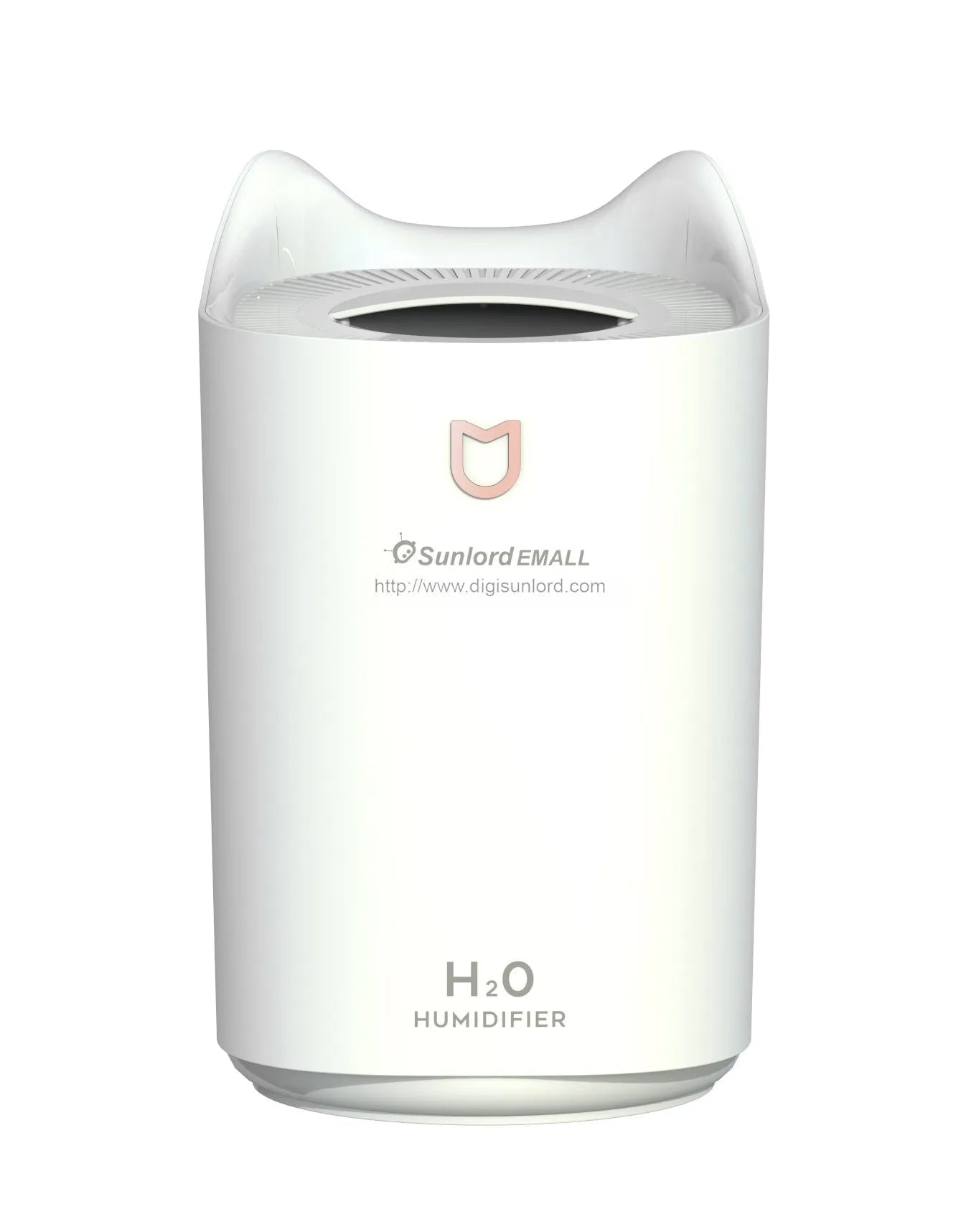 Coral Pink double spray humidifier with three mist outlets and USB cable on a wooden table.