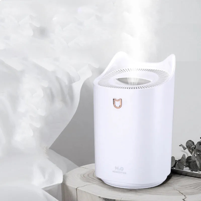 Coral Pink double spray humidifier with three mist outlets and USB cable on a wooden table.
