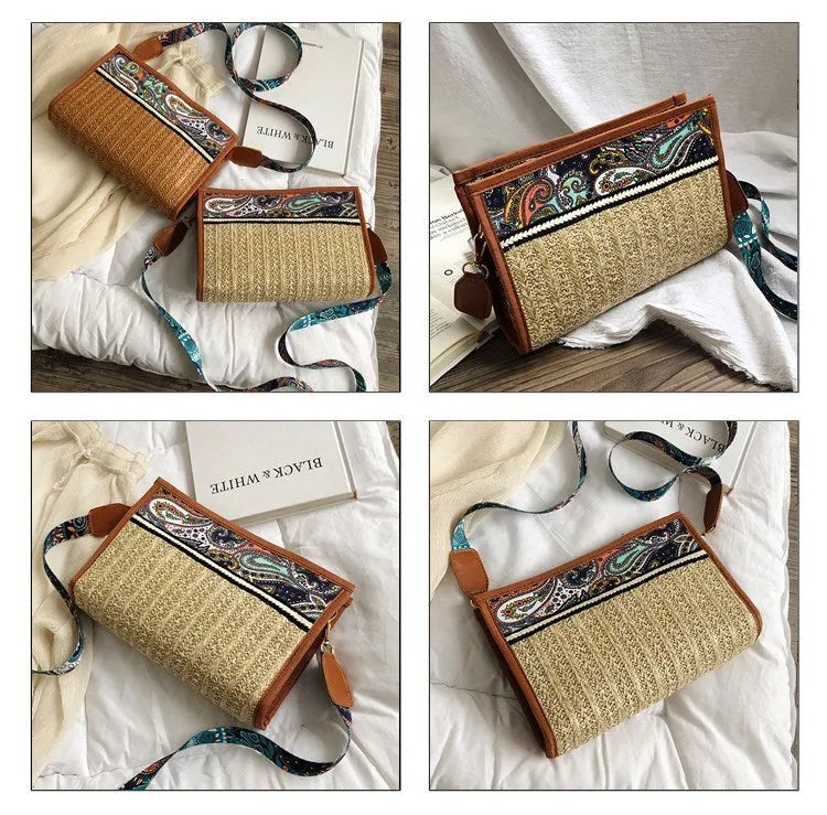 Retro ethnic straw shoulder messenger bag in khaki with zipper closure 28x18x6cm