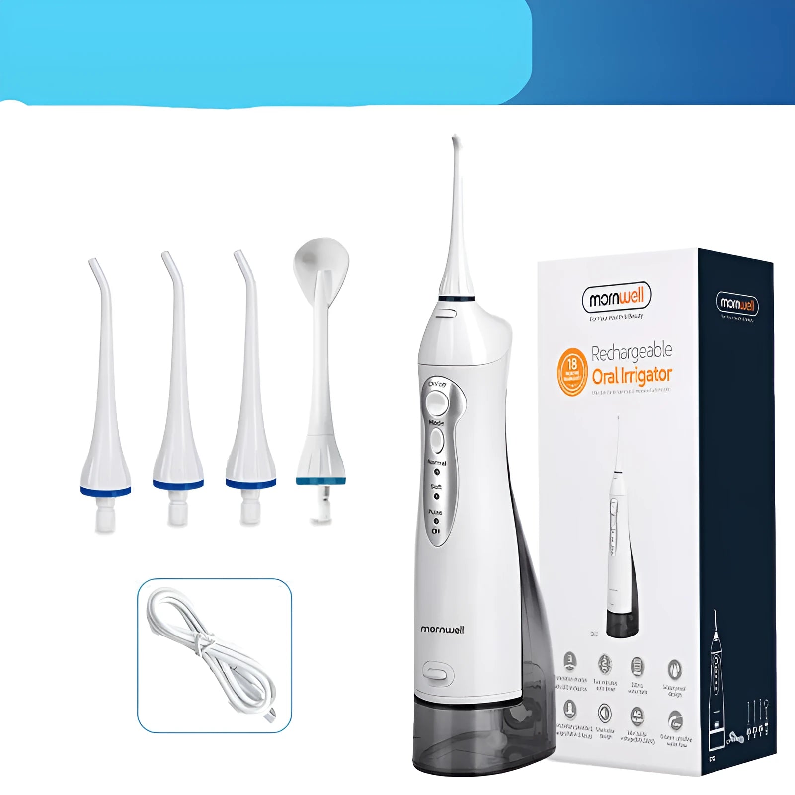 Portable white oral irrigator with large water tank, four nozzles, and a USB charging cable.