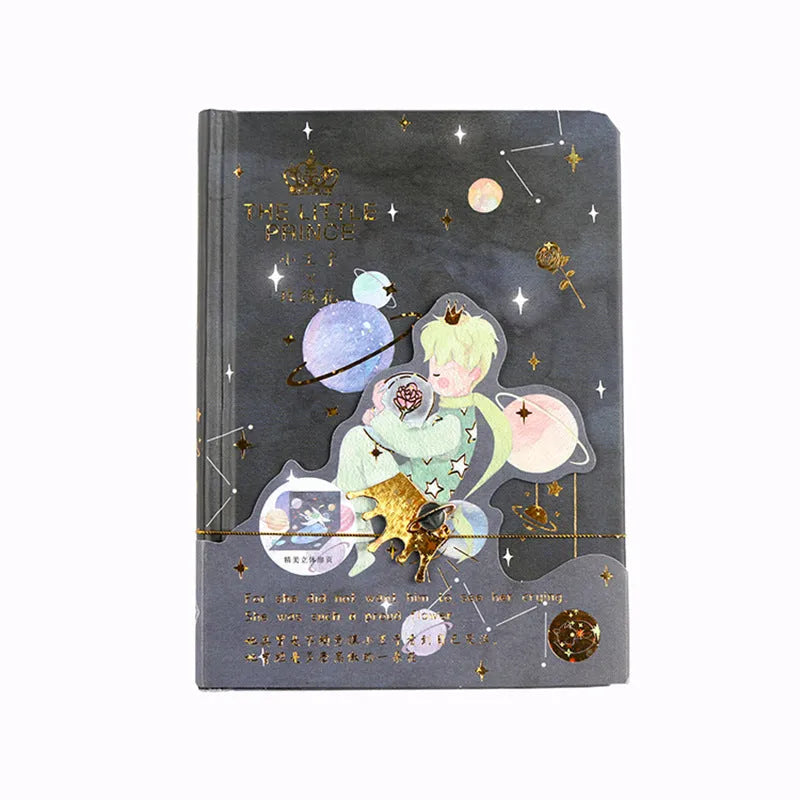 Hardback art notebook with The Little Prince cartoon cover designs showing sunset, bird, rose, and fox illustrations