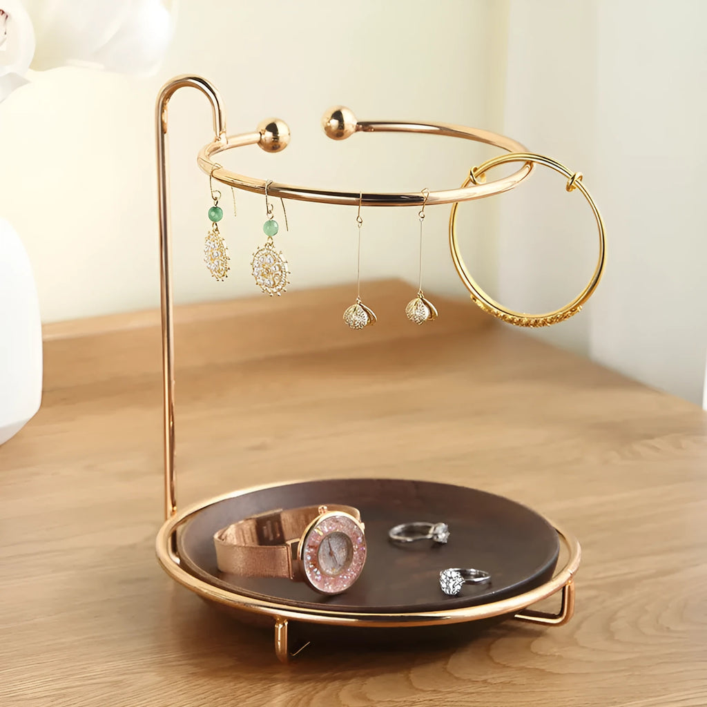 Walnut solid wood jewellery key rack with 21cm tray shelf for ring storage