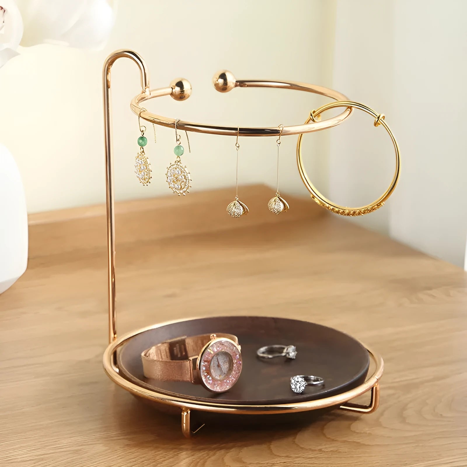 Walnut solid wood jewellery key rack with 21cm tray shelf for ring storage