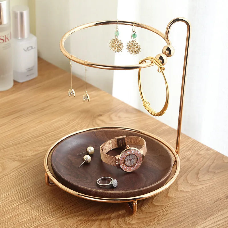 Walnut solid wood jewellery key rack with 21cm tray shelf for ring storage