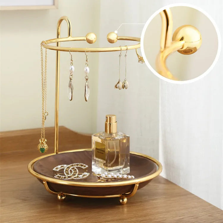 Walnut solid wood jewellery key rack with 21cm tray shelf for ring storage