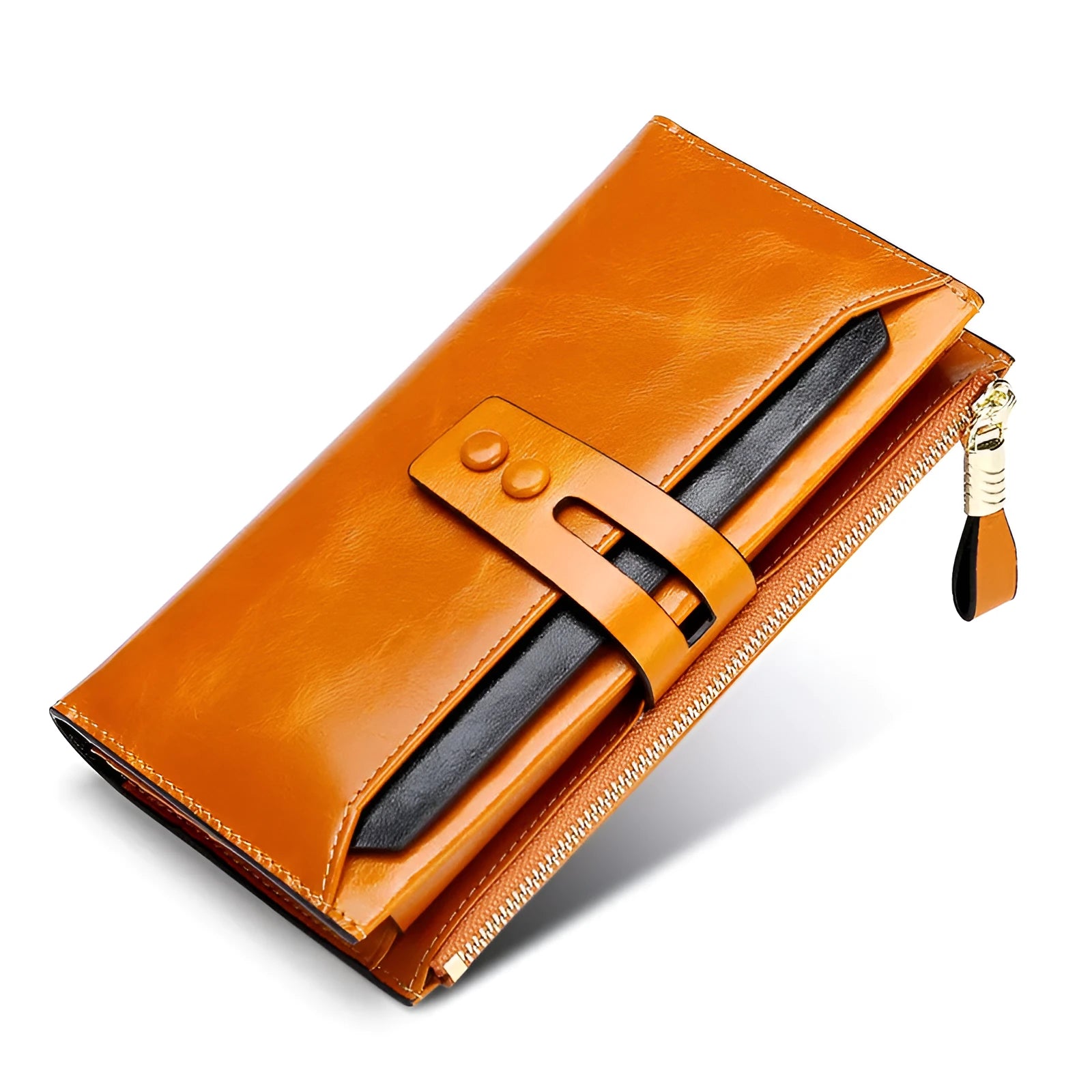 Retro-style women's leather wallet in horizontal square shape with buckle closure and multiple card slots