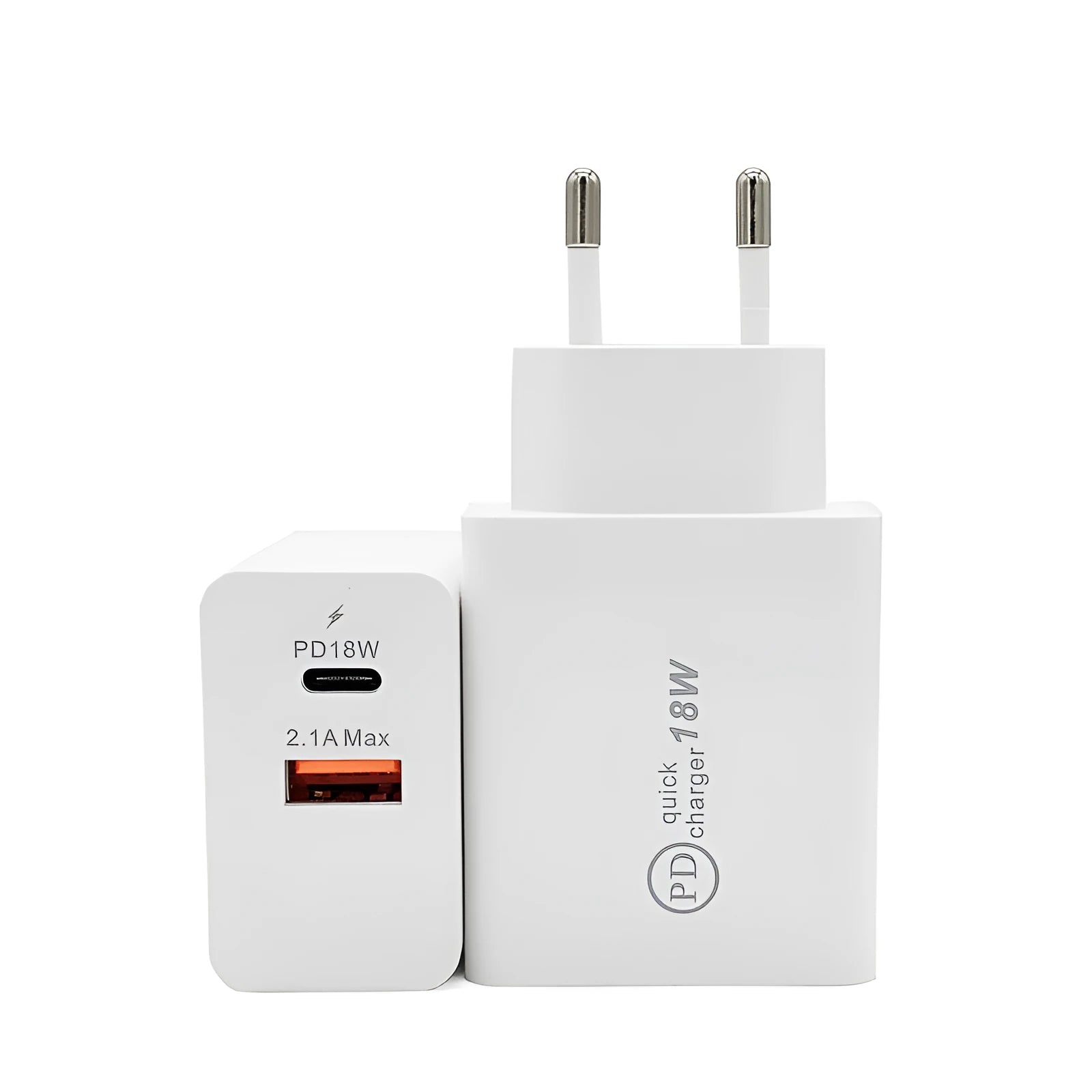 White 18W USB-C fast wall charger with bare metal US plug prongs isolated on white background
