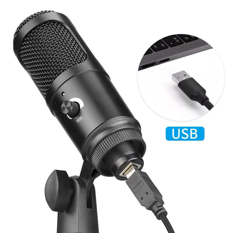 Black Zhongtong AK-6 USB condenser microphone on a stand for computer recording and streaming
