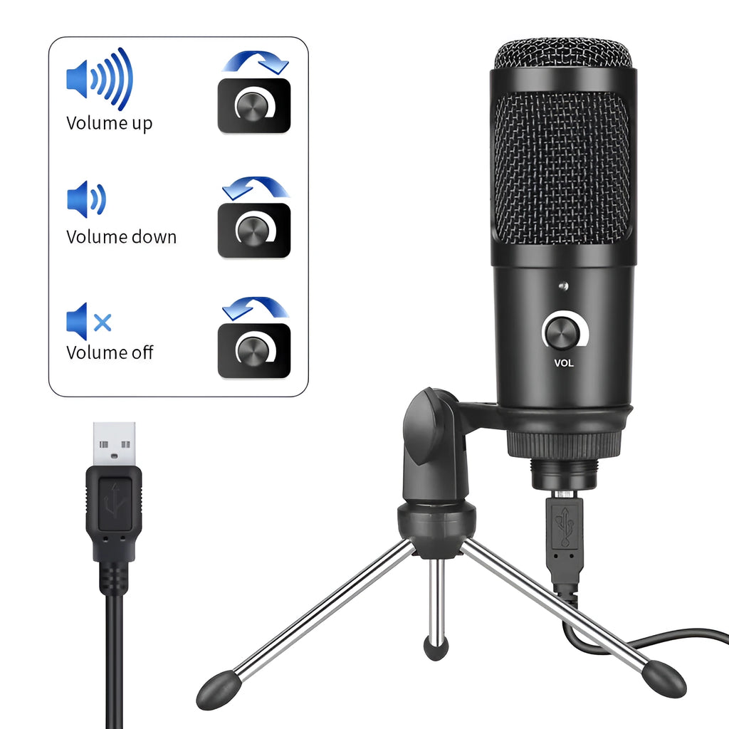 Black Zhongtong AK-6 USB condenser microphone on a stand for computer recording and streaming