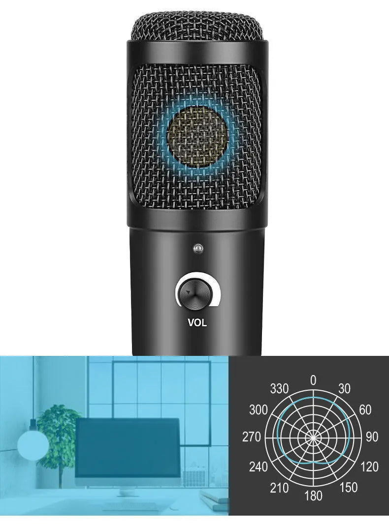 Black Zhongtong AK-6 USB condenser microphone on a stand for computer recording and streaming